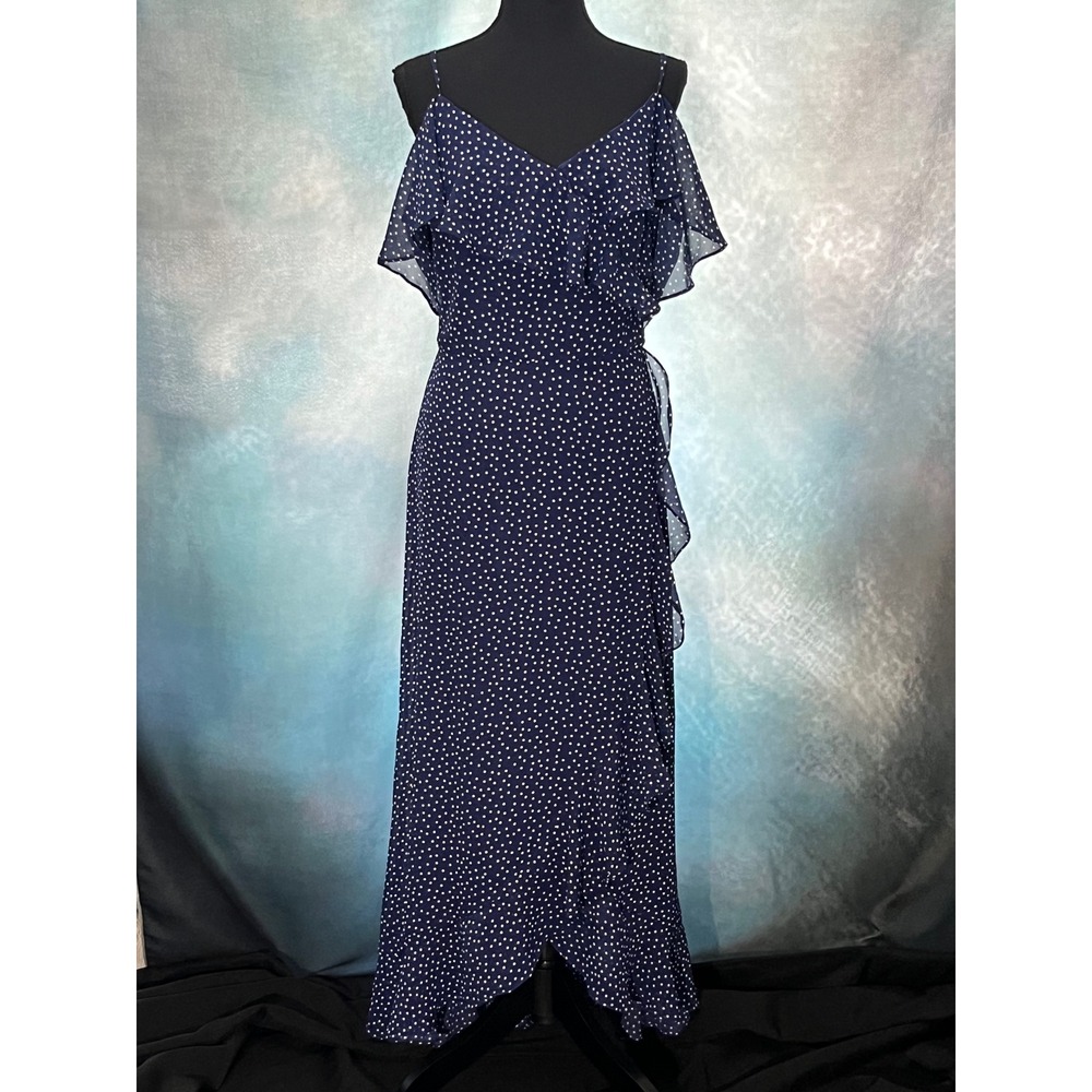 Laura Navy Blue Polka Dot Ruffle Cold Shoulder High Low Maxi Dress Size 14